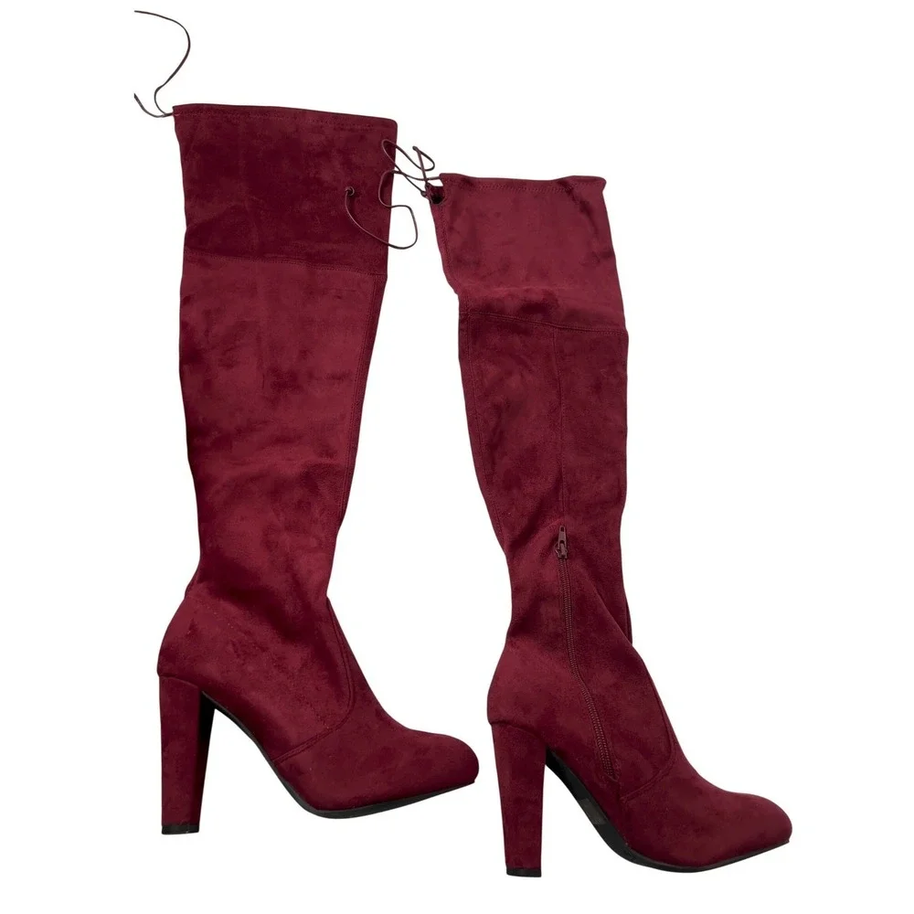 Burgundy Faux Suede Over‎ The Knee Block Heel Boots Pointed Toe Wine Red Size 7